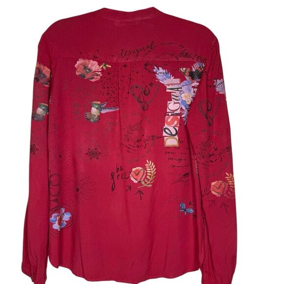 Desigual Red Botanical Print Long Sleeve Casual Pop Over Blouse Size M - Picture 6 of 14